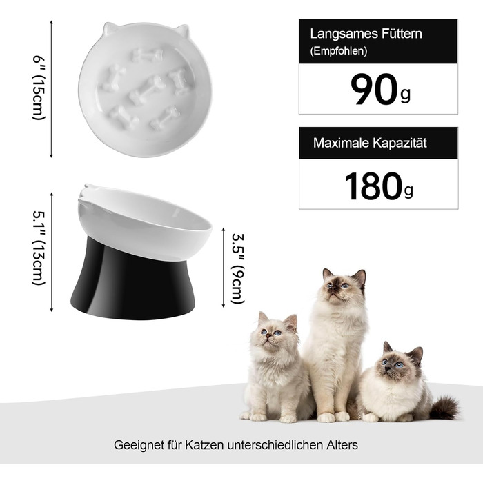 Антислизька годівниця для котів з кераміки, піднята - годівниця-лабіринт для повільного годування, нахилена проти блювоти, чорно-біла