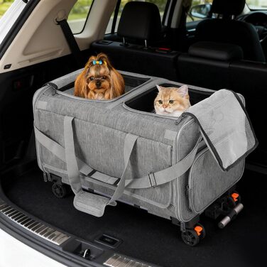 Транспортна переноска для котів та собак Apriltop з двома відділеннями та колесами, 60x40x45 см, сіра