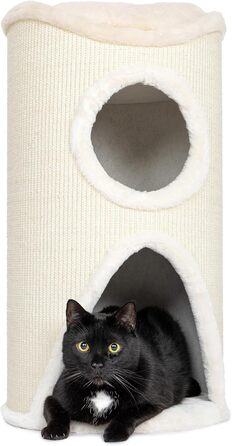 Дерев'яний кігтеточка для котів Bontoy Mukki Creme - 75 см, з 2 печерами, велика лежанка, обмотана сизалевим килимком, знімний коврик