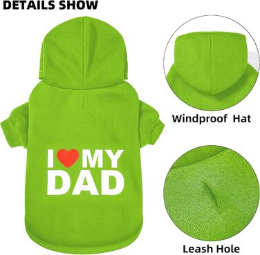 Зелений худі для собак GreenJoy XL з написом 'I Love My Dad', теплий пуловер з капюшоном для цуценят, котів, малих, середніх та великих собак