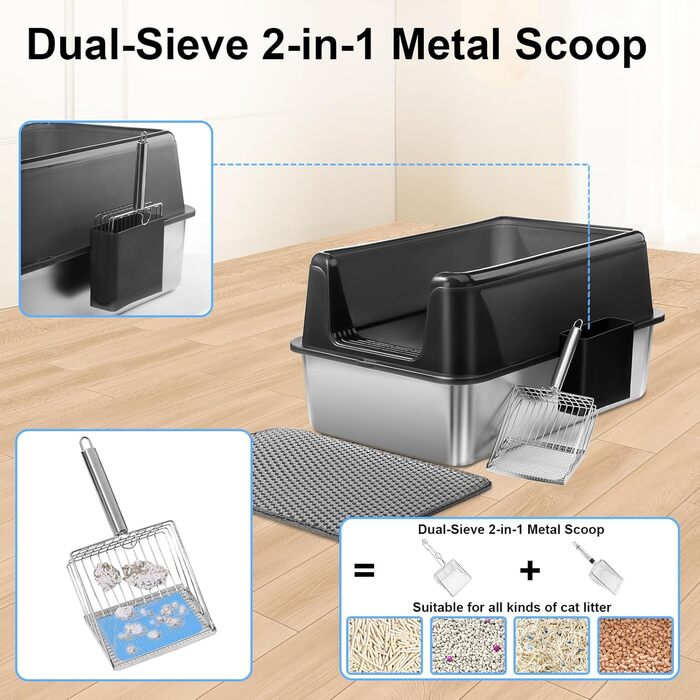 Торгова лоток для котів Marchul Katzentoilette XL з нержавіючої сталі, великий розмір, з кришкою, для великих котів, з антибактеріальним покриттям, з килимком та совком, не липкий