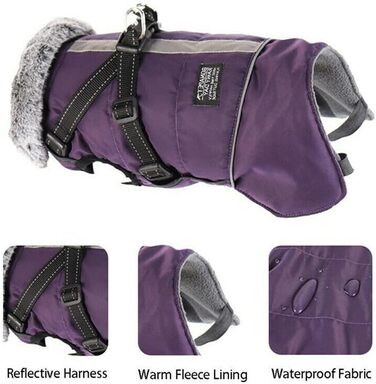 Зимові куртки для собак, жилети для собак з шлейкою, тепла куртка для собак, зимові куртки для собак для маленьких, середніх та великих собак (фіолетовий, S)