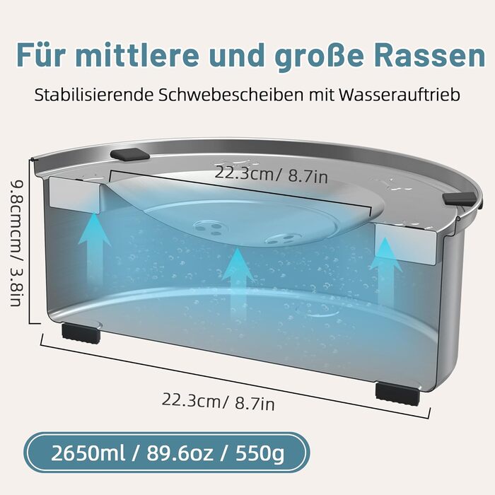 Миска для собак без обливання, 3L, з нержавіючої сталі 304, протиковзна, для миття в посудомийній машині