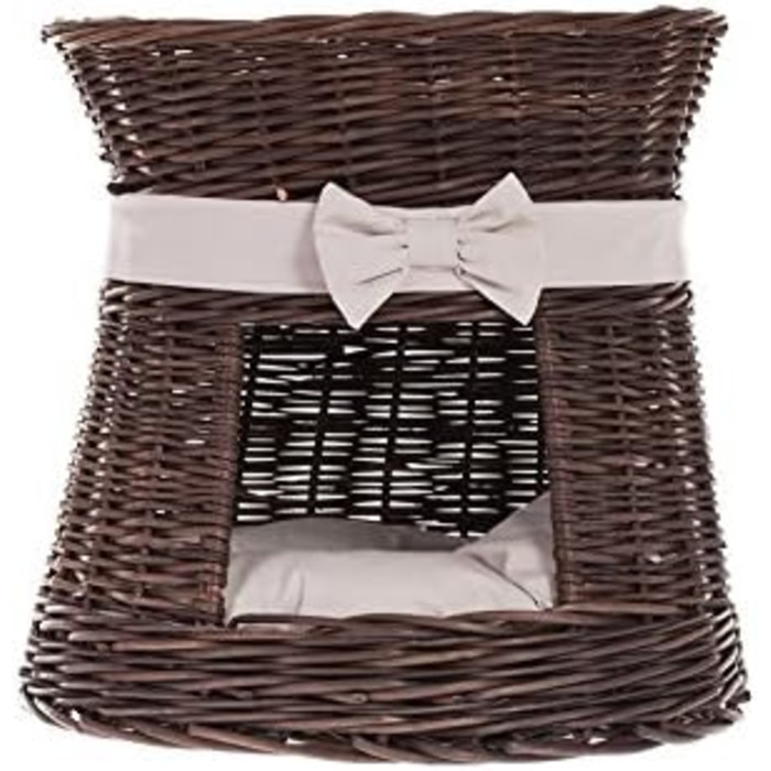 Кішка Будинок Круглий з Плетеної Лози Венге-Сірий, Двоярусний Корз для Кішки з Подушкою та Стрічкою, Кішка Тур, Темно-Коричневий_Бежевий