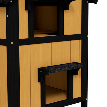 PawHut Cat House, Ялинове дерево, Котячий будинок з кількома входами, 2 поверхи, Котяча печера для вулиці, Невеликий будинок для тварин з асфальтовим дахом, Коробка для квітів, Зимостійкий, Рельєфний дизайн, Жовтий, 96 x 65 x 85,5 см | Аосом