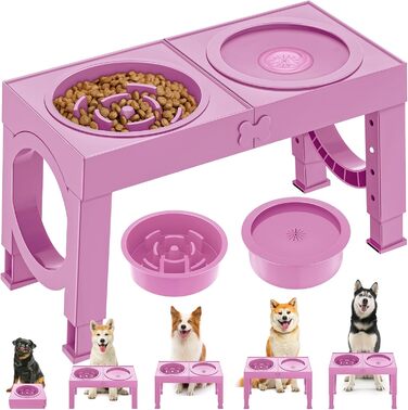 Набір мисок для собак X XBEN 3-в-1: миска для води з захистом від пролиття 1.4L, миска від захлистування 1L, годівниця з 5 рівнями регулювання висоти для середніх та великих собак, нековзна годівниця, рожевий колір