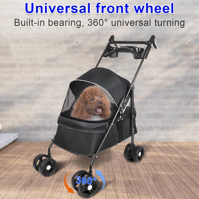Візок для собак та котів OHMG, складний, до 20 кг, чорний, з гальмом 360° та великим кошиком