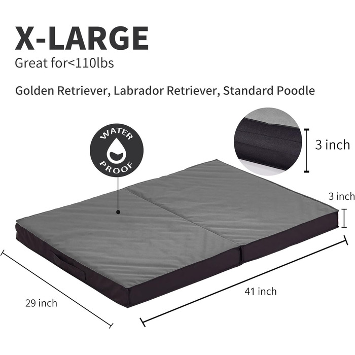 Ортопедичне собаче ліжко для великих собак, вологостійке, знімний чохол, складане, 104.1 см, для будь-якої погоди (Сірий, X-Large)