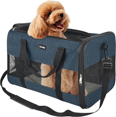 Транспортна сумка для котів та собак, дихаюча та складна, транспортна переноска для котів з регульованим плечовим ременем, знімна плюшева підстилка (Темно-синій, L)