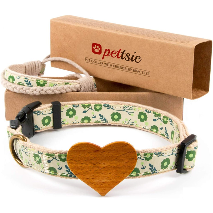 Нашийник для собак Pettsie з серцем та браслетом дружби, регульовані розміри S та M, зручний дизайнерський льон, міцний та довговічний, чудовий подарунок для любителів собак, (35,6 - 50,8 см (M), Зелений)