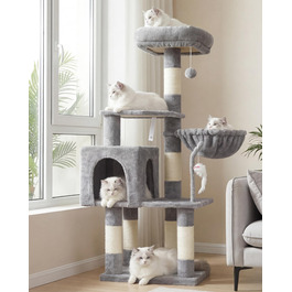 Комплекс для котів Heybly Kratzbaum HCT004SW: Дряпка-кігтеточка з іграшками, будиночок, лежанка, сізаль, світло-сірий (43.3 дюйми)