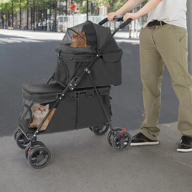 Складаний візок для собак та котів, 2-поверховий, з сумкою та ременями безпеки (Чорний)