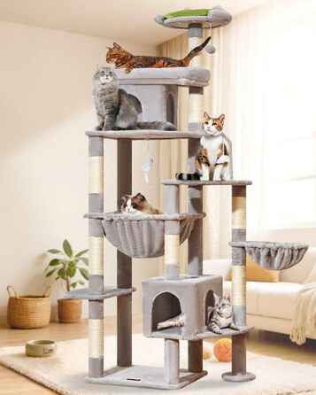 Котячий будиночок Taoqimiao MS032G: великий когтетоп для дорослих котів, XXL, міцний, з 8 стовпчиків для дряпання та великою гамаком (світло-сірий)