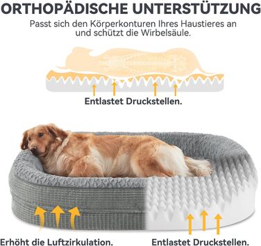 Ортопедичне ліжко для собак великих та середніх порід, XL, з м'якою подушкою для шиї, Memory Foam, вологостійке, неслизьке, знімний кошик, сірий, 107 x 81 x 19 см