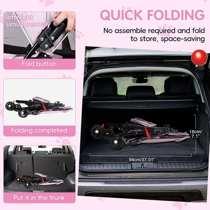 Візок для тварин для маленьких собак та котів, складної конструкції, з 4 колесами, легкий, з дихаючим мережем та тримачем для напоїв, для котів та собак до 7,5 кг (рожевий)