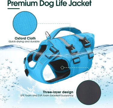 Жилет для собак Kuoser великий, рятувальний жилет для собак з ручкою та світловідбиваючими елементами, регульований, для великих собак, покращений плавучість, (S, блакитний)