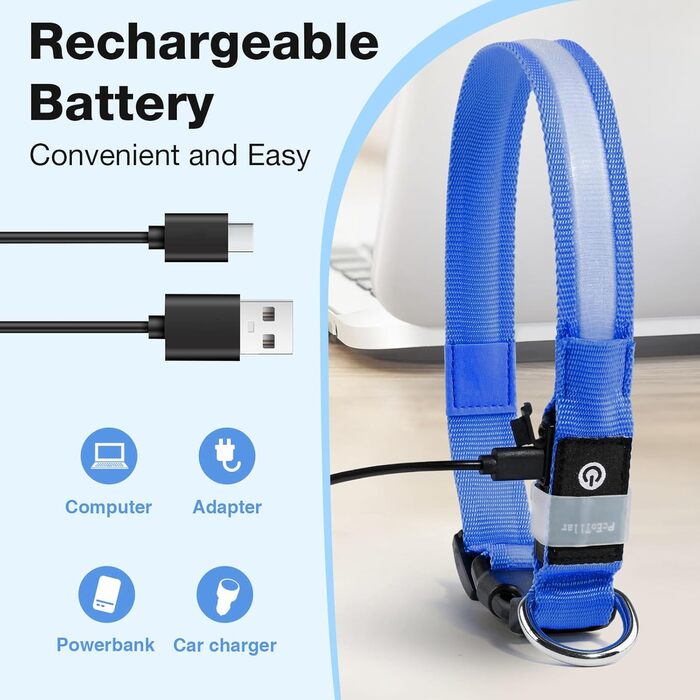 Світлодіодне нашийник для собак Leuchthalsband PcEoTllar, водонепроникний, 7 кольорів, регульований, для малих та великих собак, чорний (синій, S)