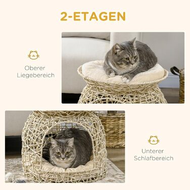 Будиночок для котів PawHut із ротангу, двоповерхова котяча хатка з подушкою, 42x42x40 см, бежевий, для спальні, вітальні та коридору