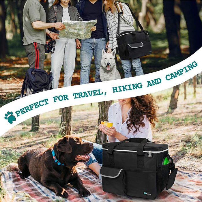 Чорна сумка-органайзер для собак та котів PetAmi: переносна сумка з мисками та контейнером для корму, ідеальна для подорожей та кемпінгу (37x20x30 см)