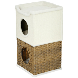 PawHut Scratching Barrel висотою 75,5 см Триярусна бочка для кішок з плюшевим краєм, подушка, котяча печера, котяче дерево для середніх кішок, кремово-біле | Аосом
