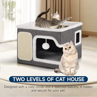 Кігтеточка-будиночок для котів Shikha, 2-ярусна, сіра, XXL, з ігровим м'ячиком, 61x45x32 см