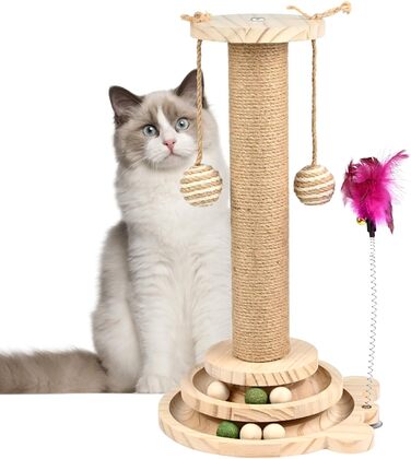 Іграшка для котів TSKDKIT: інтерактивний кігтеточки з кулями, пір'ям та м'ячами, 45 см, 2-ярусний обертовий столик, для маленьких/середніх котів
