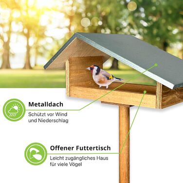 Дизайнерська годівниця для птахів GARTENETAGE з металевим дахом, дерев'яна, на стійці, для саду, стійка до негоди