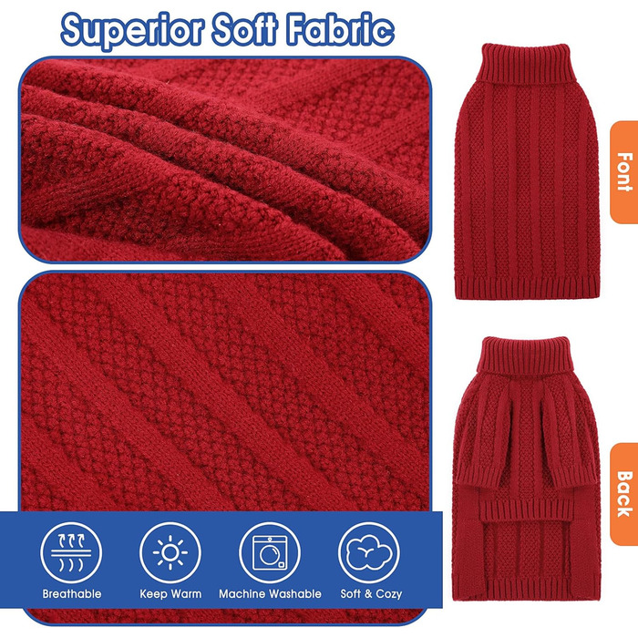 Теплий і м'який пуловер для собак Queenmore з в'язаним візерунком для Йоркширських терьєрів, пуделів та померанських спайнілів (червоний, S)