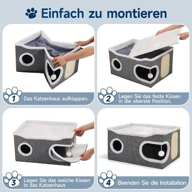 Шика Будинок-печеринка для котів, великий закритий будиночок для котів, 61T*45B*32H см, двоярусний куб для котів, XXL печеринка для котів з когтеточкою та іграшкою, будиночок-печеринка для маленьких та середніх тварин, великий, сірий