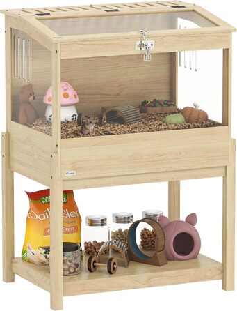 Клітка для хом'яків PawHut 2 поверхи, для дрібних тварин з відкидним дахом, 83,2 x 50 x 103 см, натуральне дерево