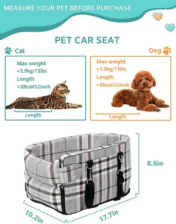 Автокрісло для собак маленьких порід, переносне автокрісло з м'яким, знімним, миючим подушечкою, для консолі авто, до 5,9 кг (сірий)