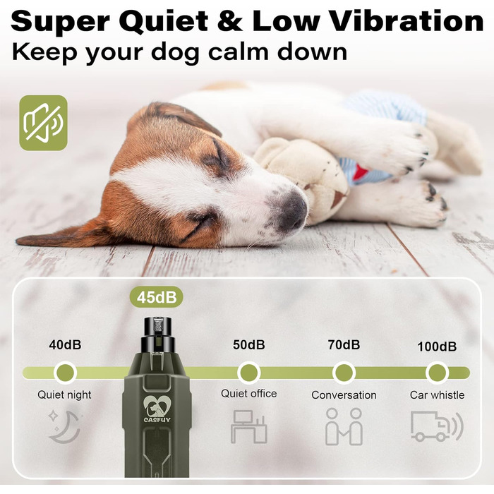 Електричний точилка для кігтів собак Casfuy 6-ступінчаста – безшумна, акумуляторна шліфувальна машинка для собак великих, середніх та маленьких порід, армійного кольору