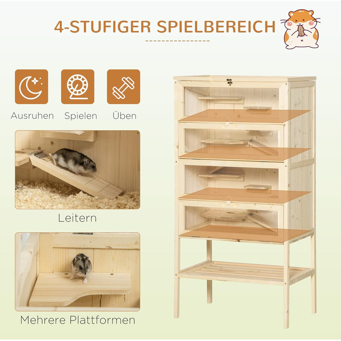 Клітка для гризунів PawHut 5 поверхів, 60 x 40 x 120 см, з драбиною, з натурального дерева, для хом'яків, мишей, дрібних тварин