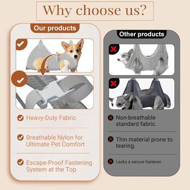 Набір для грумінгу собак з регульованою гамаком та повідком без сидіння, універсальне рішення для малих/середніх тварин (сірий)