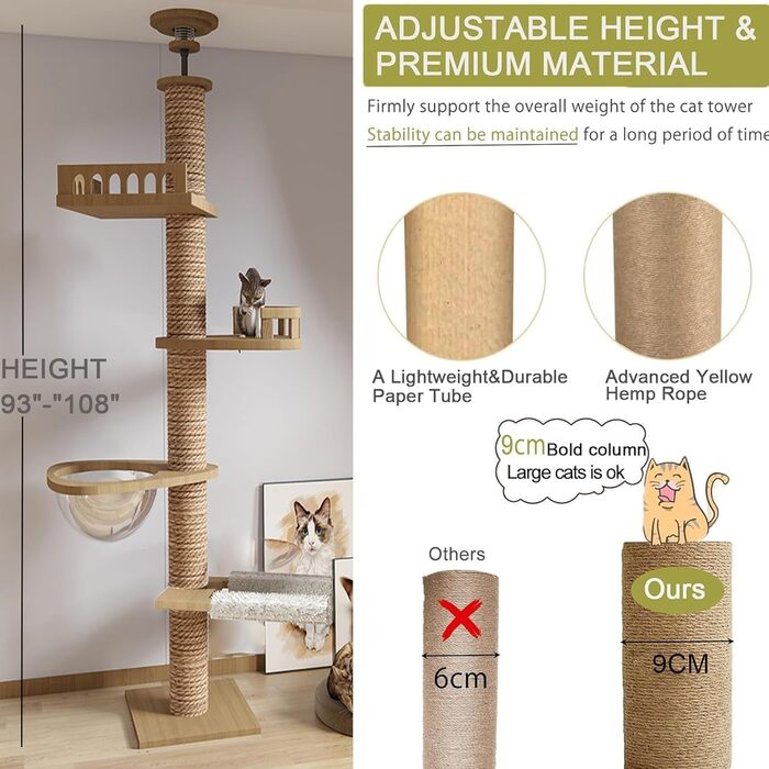 Котячий кігтетоп на стелю Kratzbaum, кігтетоп-капсула, гамак для котів, повністю обмотаний сизалевим мотузком, ширина 11 см, висота до стелі (240-250 см, 265-275 см T04)