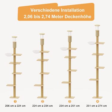 Драбина-кіготь для котів FUKUMARU, 4 яруси, до стелі (251-274см), кріпиться до стіни, з джутової тканини та зручною гамаком, бежева