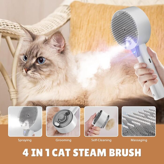 Парова щітка для котів 4-в-1, 4-в-1 парова щітка для котів з водою, видаляє шерсть з котів одним натисканням кнопки, щітка для вичісування шерсті для собак і котів (біла) (сіра)