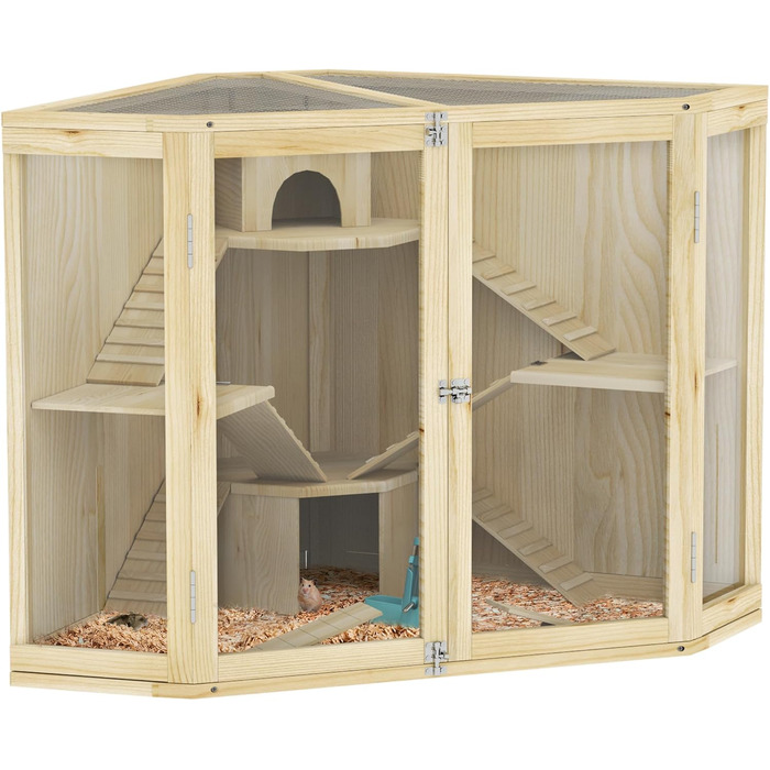 Клітка для хом'яків PawHut з дерева, 4 рівні, будиночок, гойдалка, годівниця, рампи, клітка для дрібних тварин, підходить для хом'яків та мишей, 115 x 69,5 x 79 см