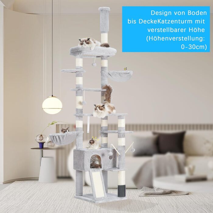 Котячий будиночок Hey-brother Kratzbaum: регульований котячий комплекс 250-280 см, до стелі, для великих котів, з гніздом, сірий, 0MPJ091W