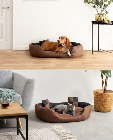 Кілимок-ліжко для собак Lionto 4-в-1 з двостороннім подушкою, 85x70 см, міцний оксфорд, водонепроникний, для котів та собак всіх розмірів, з глибоким входом, з декоративною подушкою, чорний/коричневий