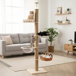 Комплекс для котів Kratzbaum з 5 поверхів, до стелі, регульована висота (255-270 см), з огорожами та сизалевими стовпами, котячий будиночок з капсулою та плетеним кошиком
