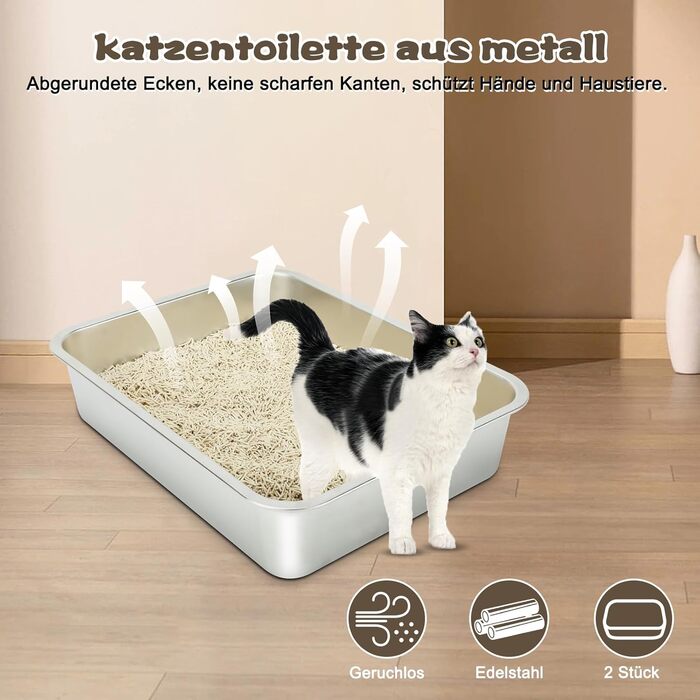 Лоток для котів і кроликів з нержавіючої сталі RANYPET, відкритий, легке очищення, без запаху, антикорозійний, 2 шт, 45×35×10 см