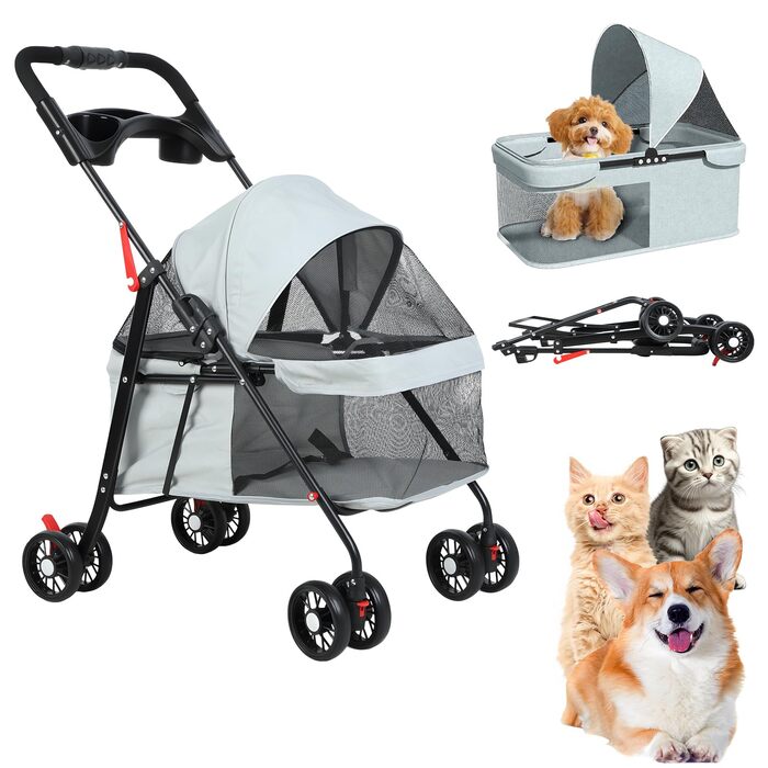 Візок для тварин: для собак та котів, складання, 4 колеса, сірий