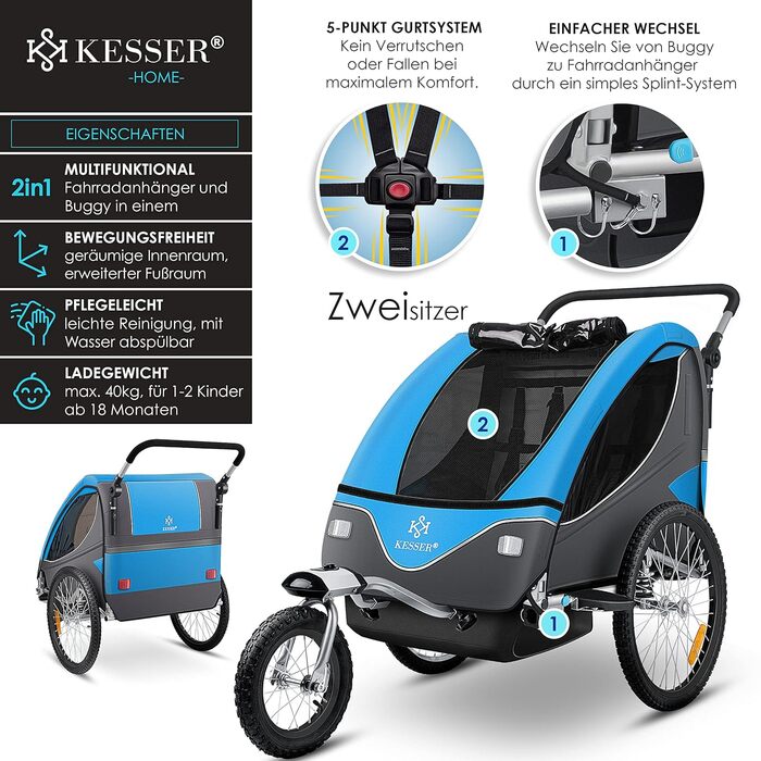 Дитячий причіп KESSER® 2в1 для велосипеда з поворотним з'єднанням 360° та амортизацією. Підходить для 1-2 дітей (до 40 кг). В комплекті прапор.