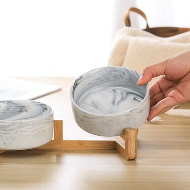 Миски для собак SP SEMPRE з кераміки з бамбуковими підставками, набір з двох мисок (13,5 см, білий мармур)