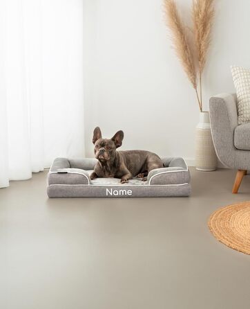 Ортопедичне ліжко для собак Lionto з піднятим бортиком, 89x63x17 см, міцне собаче ліжко з м'яким фланелевим наповнювачем, знімний та пральний чохол, неслизьке, для маленьких та великих собак та котів, сіре (з іменним нанесенням)