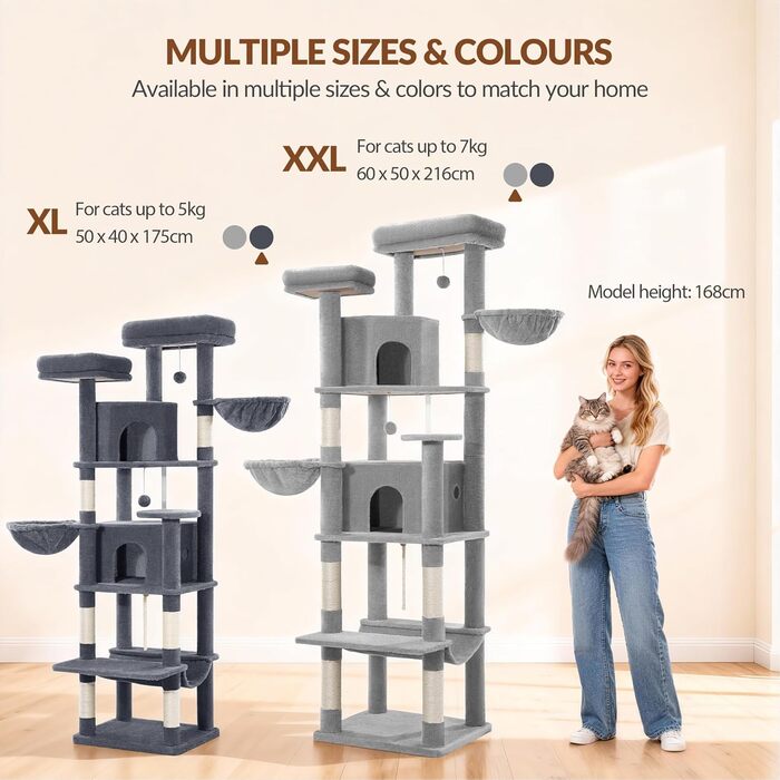 Дерево для котів Kratzbaum Groß 216 см, XXL, з 2 затишними будиночками, 2 платформами, 2 кошиками, гамаком, сірий, для дому