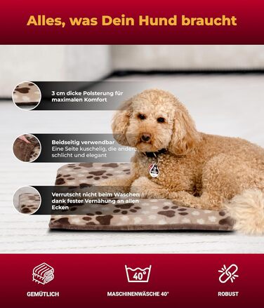 Лежак для собак HS-Hundebett® M 65x95 см, двосторонній, зручний, з 3 см наповнювачем, для дивану, авто та клітки, бежевий з лапкою, вироблено в Німеччині