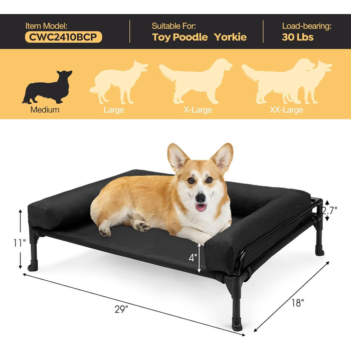 Лежанка для собак Veehoo Outdoor, чорна, 74 x 46 x 18 см. Охолоджуюча, піднята, знімний бордюр, для подорожей, миється.