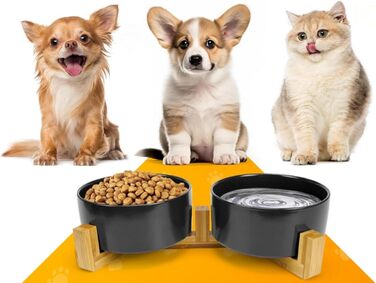 Керамічна миска для собак та котів з бамбуковою підставкою 2 шт. 600 мл (Чорний)